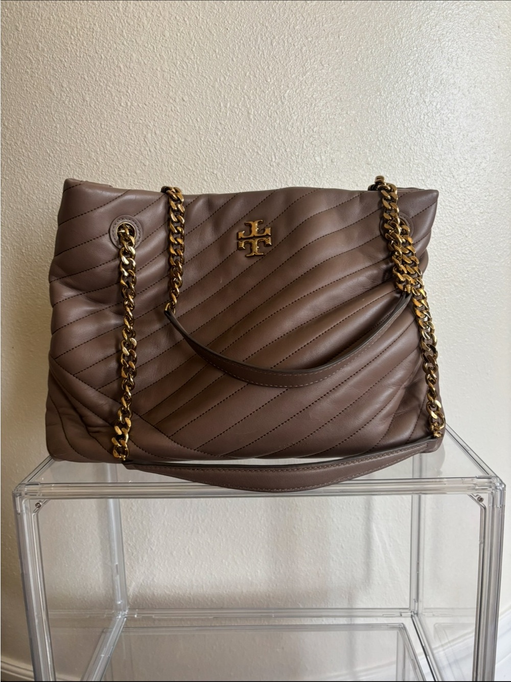 Tory Burch Quilted Leather Shoulder Tote in Brown with Gold Hardware